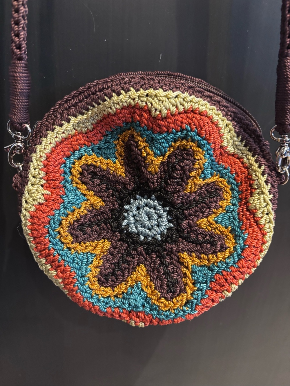 The Sak Round Crochet Crossbody Bag - Brown, Teal, Orange, Gold, Cream, Gray
